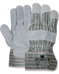 Rundsplitlederen handschoen met palmversterking en groen gestree